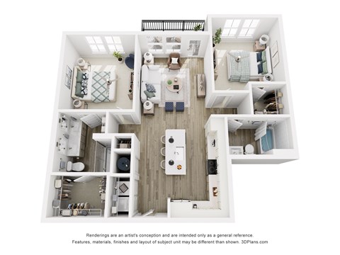 A 3D floor plan of Tapestry Beard Road - B3 2-bedroom 2-bathroom apartment